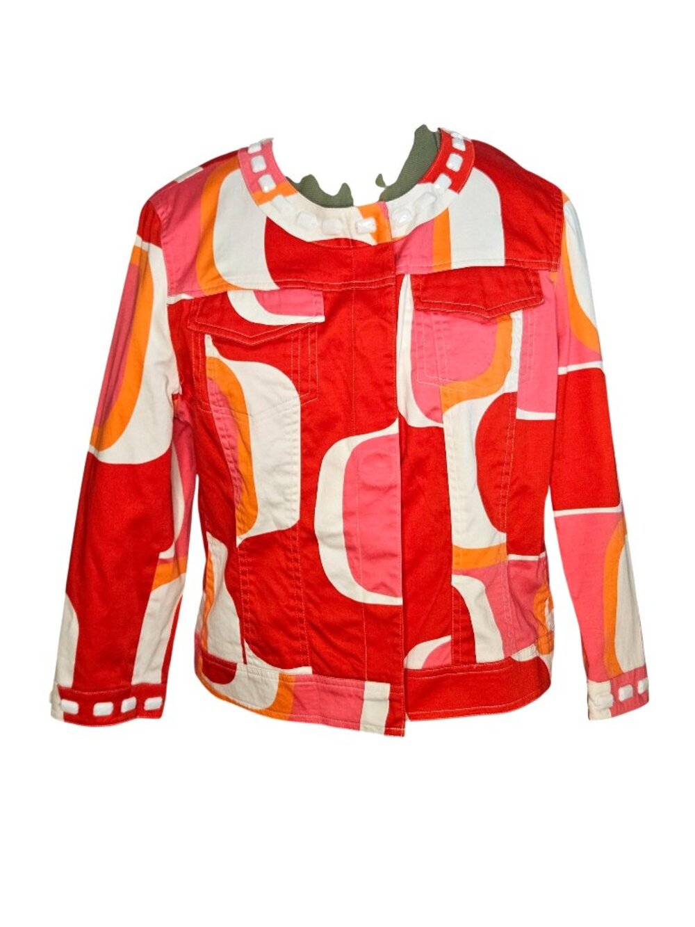 Woman's Margaret Frances electic grandma color block abstract pocketed jacket 12